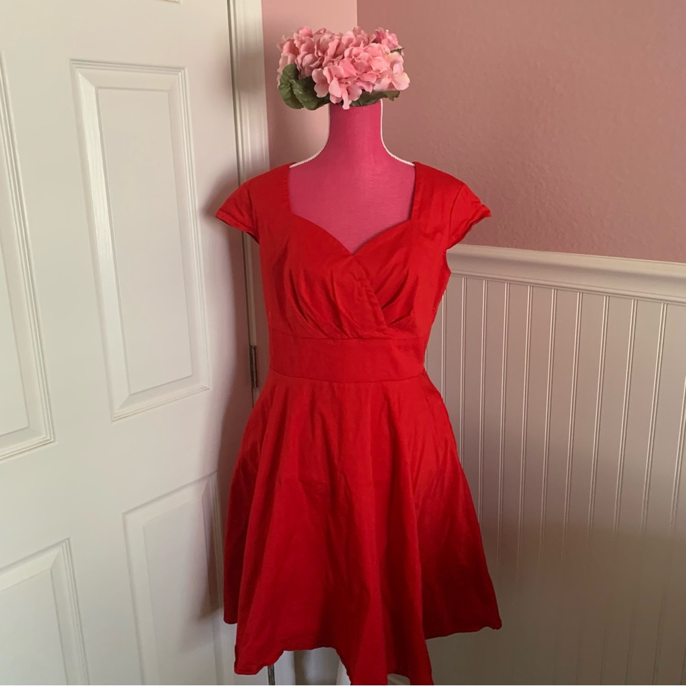 Red Tea Length Cap Sleeved Stretchy A-Line Dress size XL